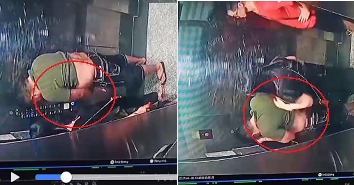 Ngay sau đó thang máy có sự xuất hiện của người thứ 3 bước vào nhưng có vẻ như người chồng vẫn chưa “xả lũ” xong nên mọi thứ vẫn còn nguyên được camera ghi lại.