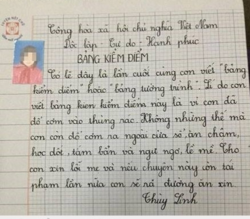 Với giọng văn ngô nghê và những lời thú tội "quen thuộc" thời thơ ấu cùng lời cam kết sẽ "ra đường ăn xin" nếu tái phạm, bản kiểm điểm của cô bé đã thu hút sự chú ý từ CĐM.