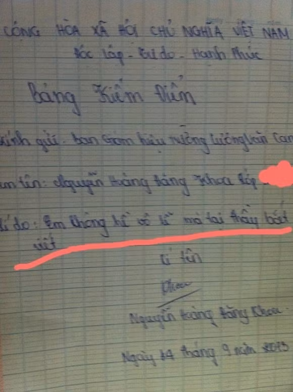 Bản kiểm điểm này đã nhận về nhiều ý kiến trái chiều vì thêm vào lý do: Em không hề vô lễ mà tại thầy bắt viết. Dù vậy "bản kiểm điểm" này vẫn gây sốt cộng đồng mạng.