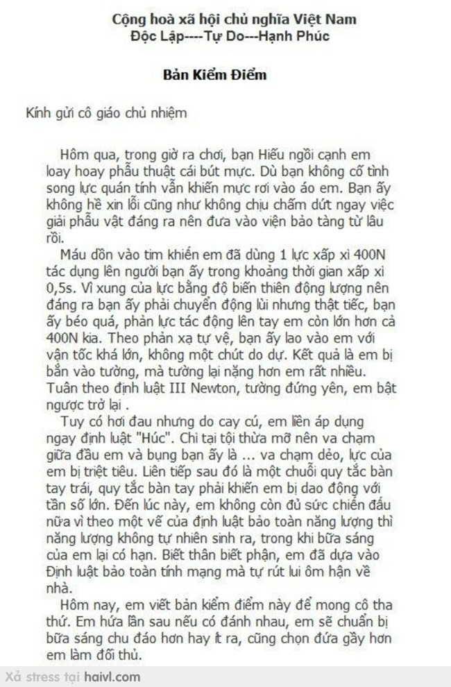 Còn bản kiểm điểm học sinh này, dù chỉ là bản "lưu truyền" trên mạng nhưng với nội dung dày đặc kiến thức của dân chuyên Lý cùng câu từ hài hước đã khiến cư dân mạng chia sẻ rộng rãi.