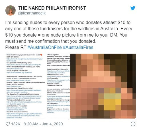 Để kêu gọi mọi người từ khắp nơi trên thế giới cùng chung tay cứu lấy nước Úc, người mẫu nổi tiếng Instagram, Kaylen Ward đã gây sốc khi tuyên bố bất kỳ ai gửi tiền ủng hộ trên 10 USD, cô sẽ gửi ảnh nóng của bản thân như một lời cảm ơn.