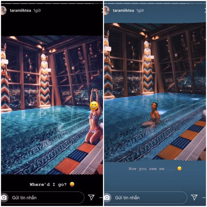 Cụ thể, Tara đăng tải toàn bộ những tấm hình thật của mình và ảnh đã qua chỉnh sửa của Mina Phạm - vợ hai Minh Nhựa lên story của mình cùng dòng caption tinh nghịch.