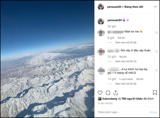 Trên trang Instagram cá nhân, bạn gái Đặng Văn Lâm đăng một số tấm hình chụp dãy núi phủ tuyết trắng từ trên máy bay. Ban đầu nhiều người đoán rằng cô nàng chỉ đang đi du lịch đâu đó.