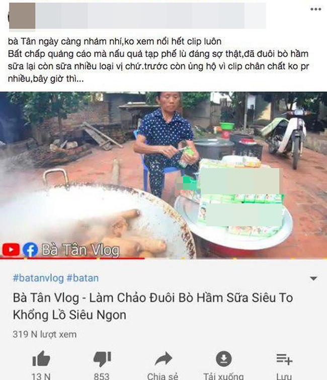 Tuy nhiên thời gian gần đây, cư dân mạng nhận xét rằng những clip bà Tân Vlog làm ra ngày một nhạt nhẽo, kém thu hút, thâm chí quảng cáo quá nhiều và lừa dối khán giả.