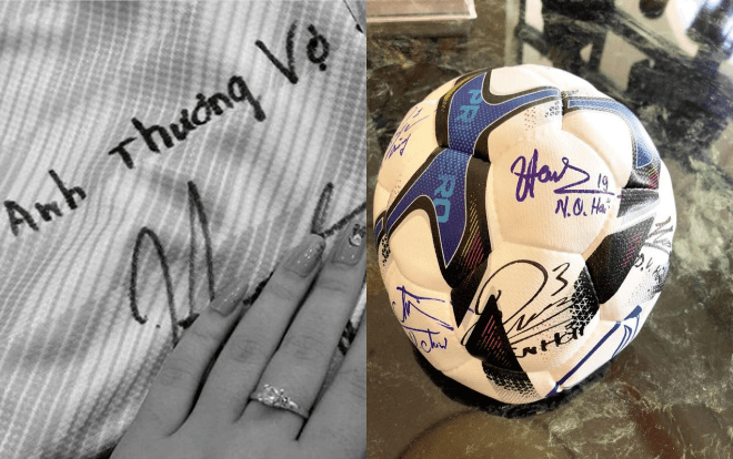 Trước đó, cô nàng được gửi tặng một chiếc áo đấu có chữ ký và dòng nhắn"Anh thương vợ" mùi mẫn. So sánh thì chữ ký này chính xác là của Quang Hải.