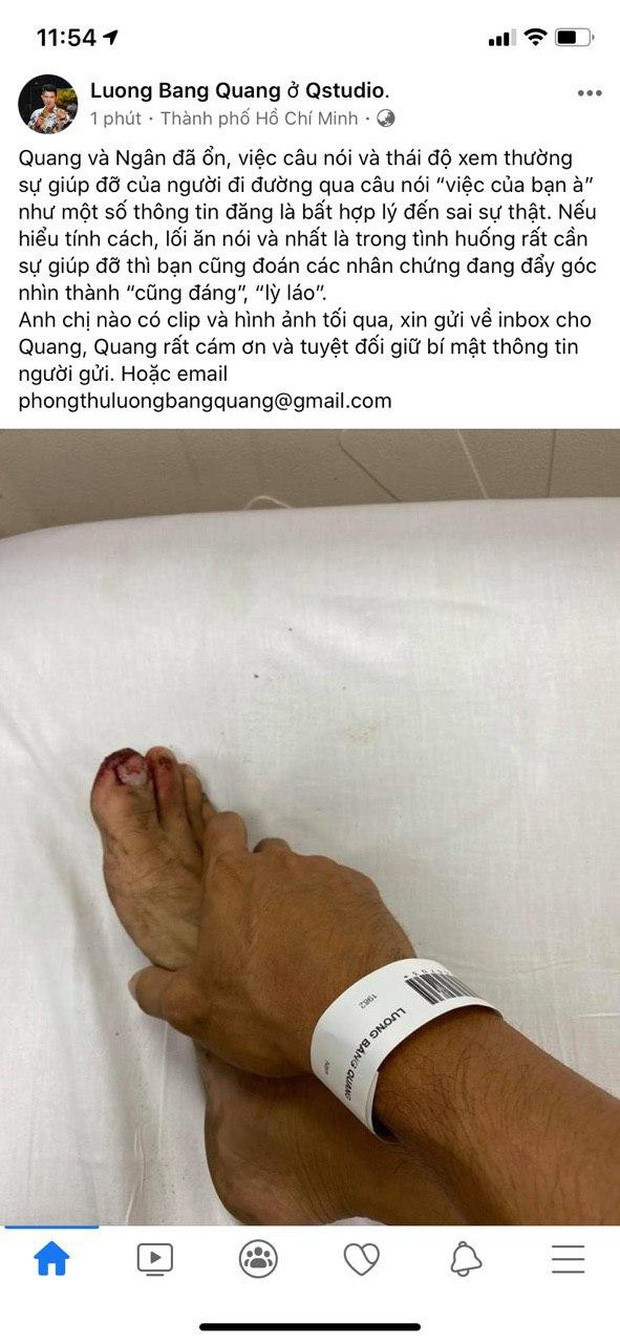 Lương Bằng Quang chia sẻ hình ảnh trên trang cá nhân cho biết mình vẫn ổn, anh mong những nhân chứng có mặt tại đó cho xin lại hình ảnh và video để truy cứu những kẻ lạ mặt.