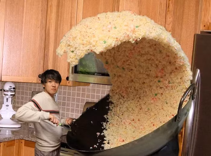 Hậu duệ của bà Tân Vlog đây rồi. Hôm nay anh chàng sẽ trổ tài làm món cơm rang siêu to khổng lồ trên một chiếc chảo cũng vô cùng to lớn. Không biết đảo cơn này ăn bao giờ mới hết.