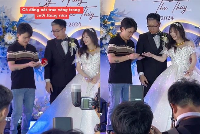 Khoảnh khắc này khiến ai đang chứng kiến cũng phải bất ngờ. Đến MC đám cưới cũng phải trầm trồ: “Thưa quý vị, một lố vàng ạ”. Cô dâu đứng cạnh từ bất ngờ đến bật cười sung sướng.