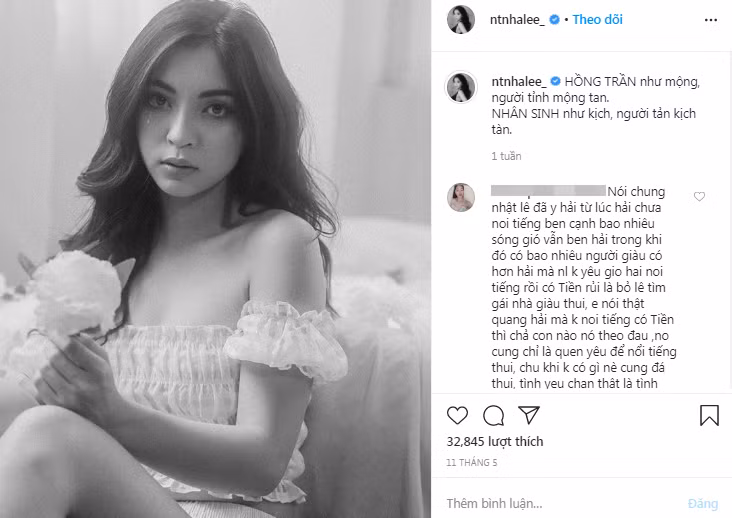 Bên dưới phần bình luận, rất nhiều người hâm mộ vào cổ vũ tinh thần Nhật Lê: "Mong chị sớm vượt qua tất cả, người cũ nên bỏ qua", "Tội Lê, mình đọc những thông tin về Hải mình còn không ưa nổi".