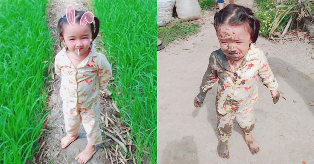 Hình ảnh trước - sau của cô bé dễ thương ra ruộng lúa chơi. Mếu máo khóc lóc đến thương.