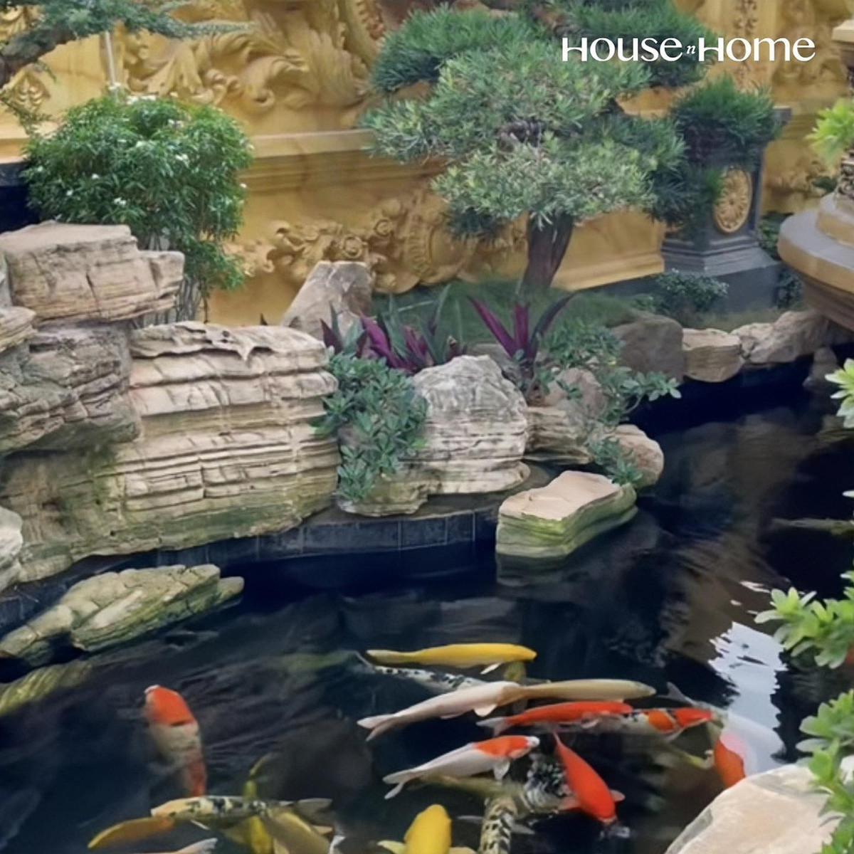 Trên tổng diện tích 7000m2, anh Thoan dành 3500m2 làm khuôn viên, sân vườn. Trong khuôn viên có hồ phun nước, hồ cá koi, chòi nghỉ uống trà, vườn cây,...