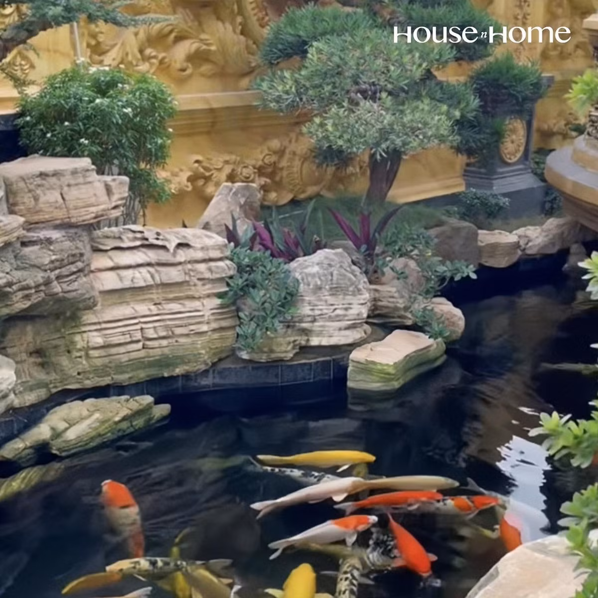 Trên tổng diện tích 7000m2, anh Thoan dành 3500m2 làm khuôn viên, sân vườn. Trong khuôn viên có hồ phun nước, hồ cá koi, chòi nghỉ uống trà, vườn cây,...