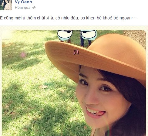 Khi hỏi về cha của đứa bé trong bụng mình, Vy Oanh chỉ chọn cách mỉm cười và cố tình quay qua chuyện khác.