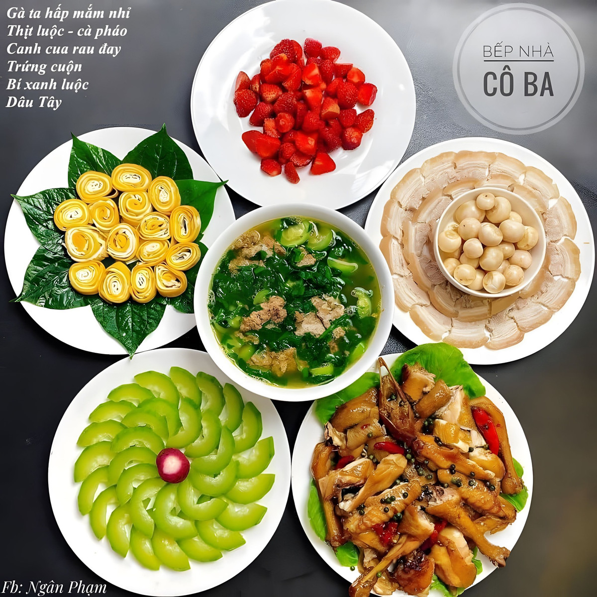 Mâm cơm dành cho 4-5 người vẫn thoải mái, những nguyên liệu đơn giản có thể tìm mua dễ dàng ở chợ hay siêu thị như bí, thịt lợn, trứng, gà...