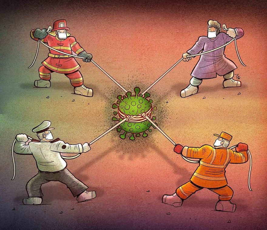 Lực lượng chức năng gồm các y, bác sĩ, lính cứu hỏa, công an đều chung sức đồng lòng khống chế virus corona.