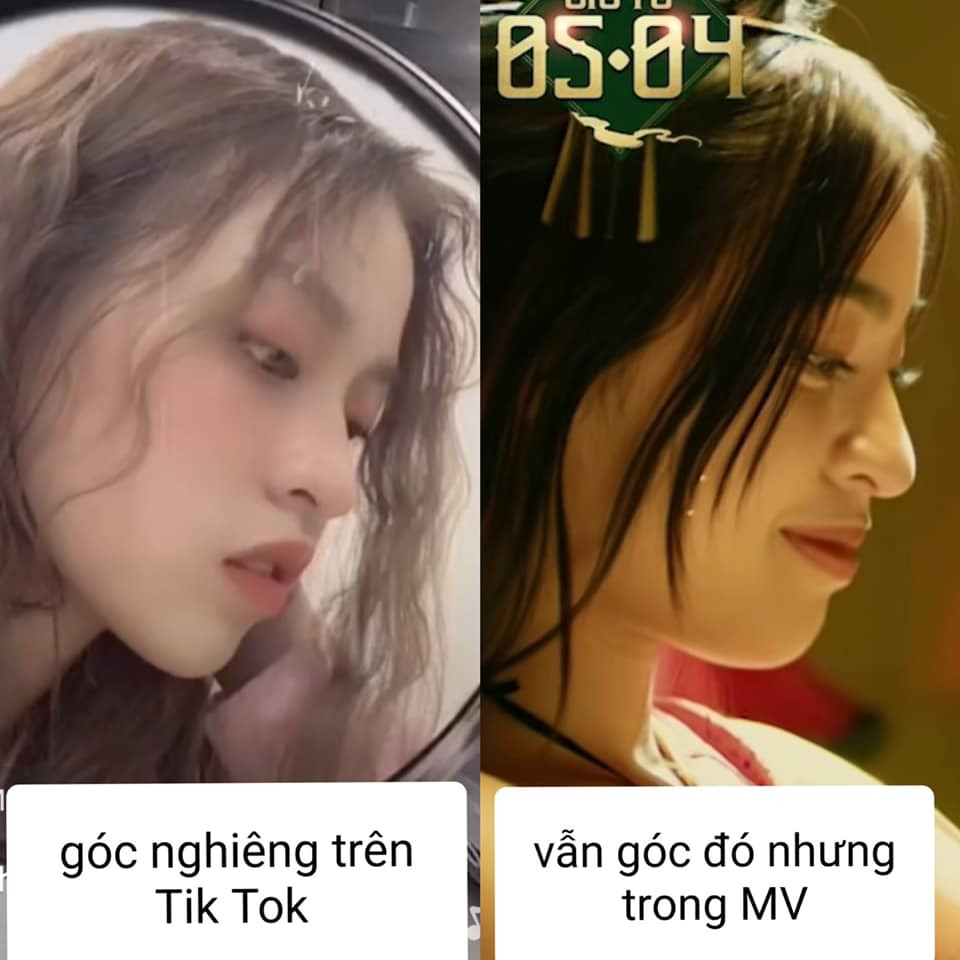 Các góc mặt của cô nàng được đem ra so sánh, có thể thấy rõ trong clip quảng cáo và trên Tik Tok khác hẳn nhau từ mũi, mắt, cằm và môi.