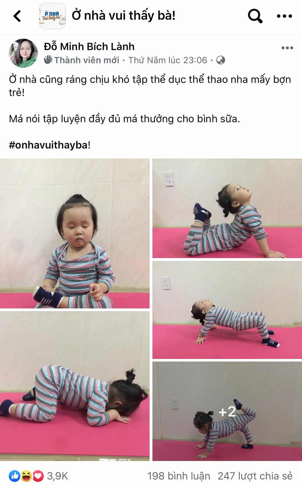 Thậm chí có rất nhiều cặp bố mẹ còn cho con tập luyện những bài thể dục nhẹ nhàng, chụp hình xinh xắn,... Điều này vừa giúp "giết thời gian", lại có thể làm con vui vẻ, thân thiết với bố mẹ hơn.