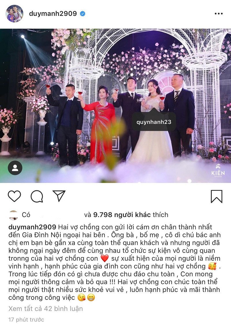 Sau khi đám cưới kết thúc, trên trang cá nhân của mình, hậu vệ Duy Mạnh đã viết thư cảm ơn tới toàn thể khách mời đã đến tham dự, những người không ngần ngại ngày đêm đồng hành cùng hai vợ chồng anh trong ngày trọng đại.
