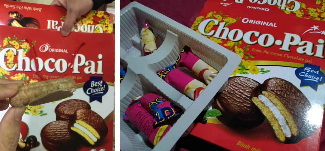 Choco-Pai khác với Chocopie nhé. Hình minh hoạ thì giống, tên có cách phát âm tương tự nhưng ruột thì khác hẳn. Thậm chí nhà sản xuất còn tiết kiệm đến nỗi tận dung luôn vỏ gói bim bim mực để làm bao bì chăng?