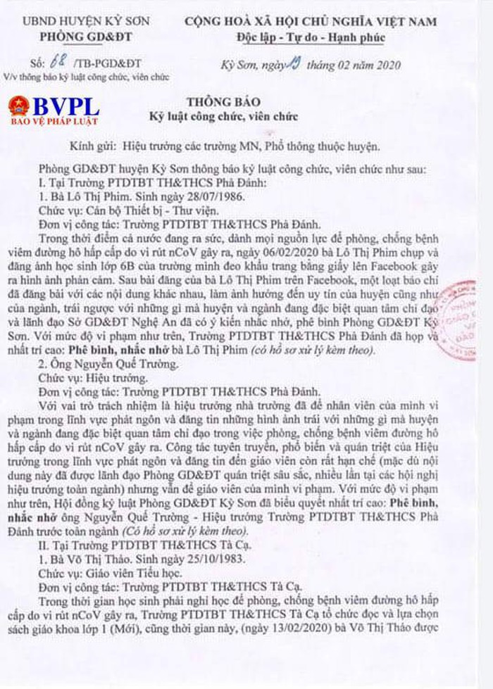 Ky luat can bo dang anh hoc sinh deo khau trang bang giay len Facebook