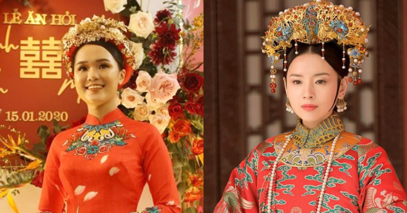Bên cạnh đó, hai bộ đồ được Quỳnh Anh diện trong đám hỏi cũng khiến nhiều người bật cười vì độ cầu kỳ quá đà. Trông cô nàng chẳng khác gì hoàng hậu trong phim cổ trang Trung Quốc bởi chiếc mấn đính đầy hoa và ngọc.