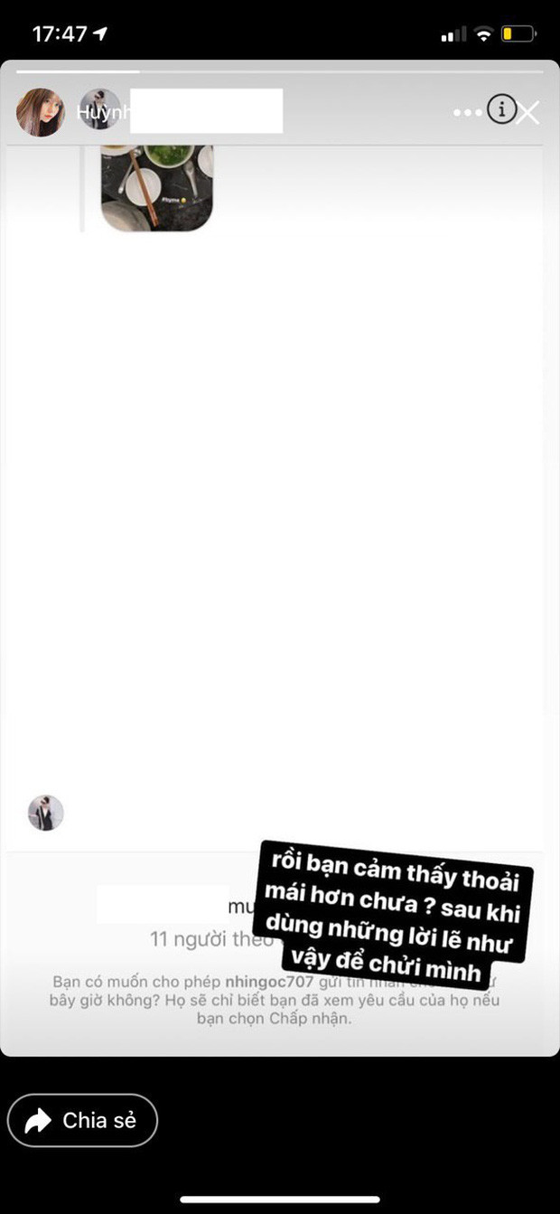 Sau nhiều ngày chịu đựng, mới đây, Huỳnh Anh chính thức lên tiếng. Cô viết: "Rồi bạn cảm thấy thoải mái hơn chưa? Sau khi dùng những lời lẽ như vậy để chửi mình".