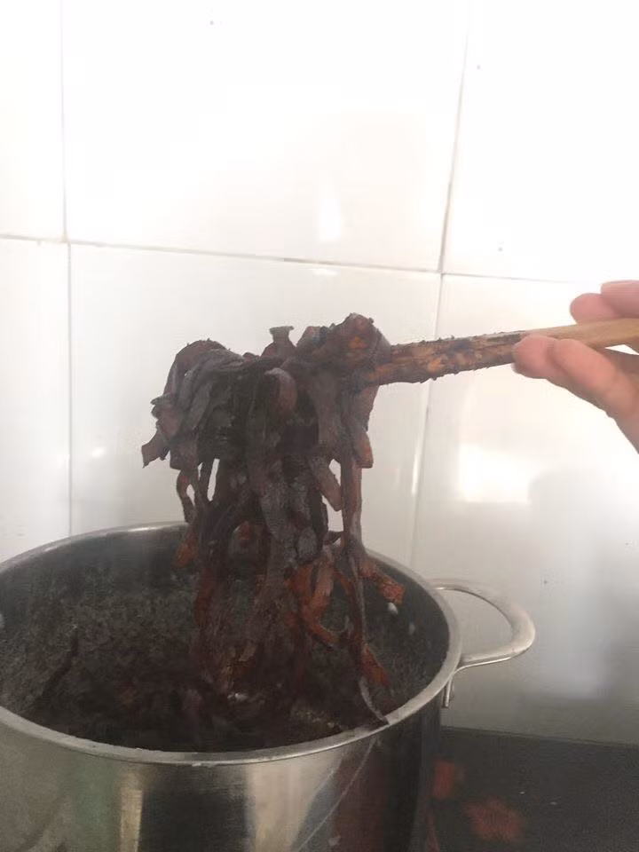 Món "mứt dừa bóng đêm" do xào quá lửa dẫn đến cháy khét của cô nàng khiến bạn bè đến chơi ai cũng nghĩ là cô đang trổ tài làm món mì tương đen nổi tiếng của Hàn Quốc. Thậm chí nhiều người còn nhầm lẫn với món bánh đa đỏ đặc sản Hải Phòng khiến chủ nhân mếu máo.