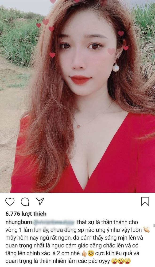 Với lợi thế vòng 1 căng tròn nên các sản phẩm được bạn gái Văn Toàn quảng cáo đều là thực phẩm chức năng, kẹo ngậm với tác dụng theo như quảng cáo là làm ngực căng tròn, lên size. Thế nhưng vấn đề là ở chỗ, sản phẩm nào, Nhung Bum cũng cho biết cô đã dùng và có tác dụng thần thánh.