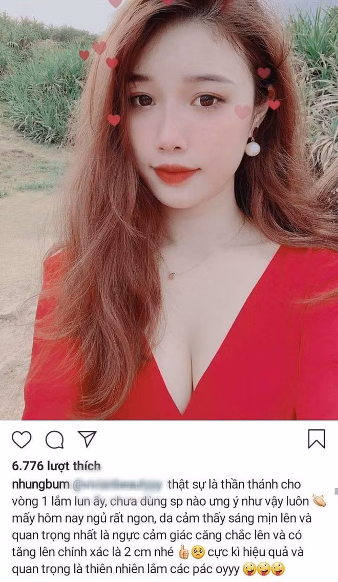 Với lợi thế vòng 1 căng tròn nên các sản phẩm được bạn gái Văn Toàn quảng cáo đều là thực phẩm chức năng, kẹo ngậm với tác dụng theo như quảng cáo là làm ngực căng tròn, lên size. Thế nhưng vấn đề là ở chỗ, sản phẩm nào, Nhung Bum cũng cho biết cô đã dùng và có tác dụng thần thánh.