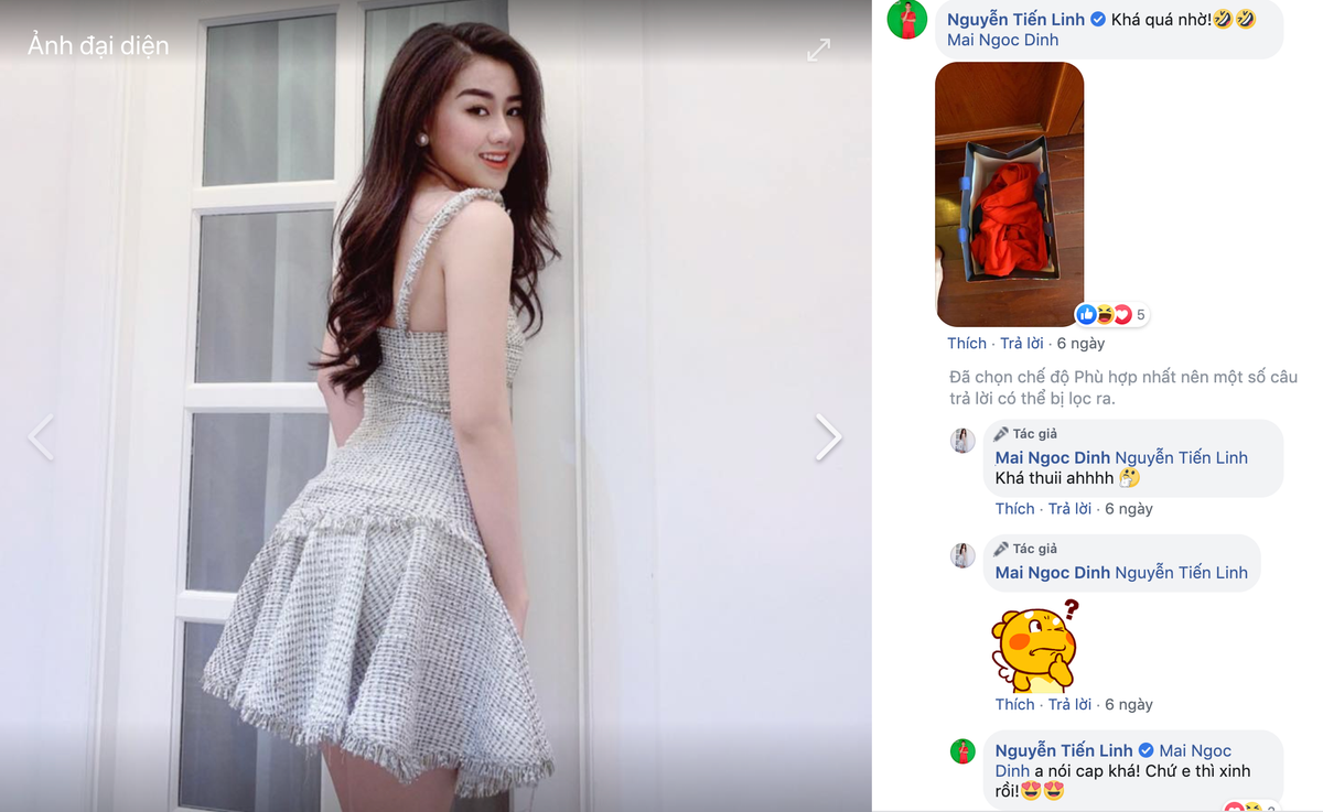 Tiền đạo đang khoác áo của Becamex Bình Dương còn ngọt ngào dỗi dành: "Lại dỗi! Tấm này xinh, hết dỗi chưa?" và "Em thì xinh rồi" khi người đẹp tỏ vẻ không hài lòng với lời khen của anh.