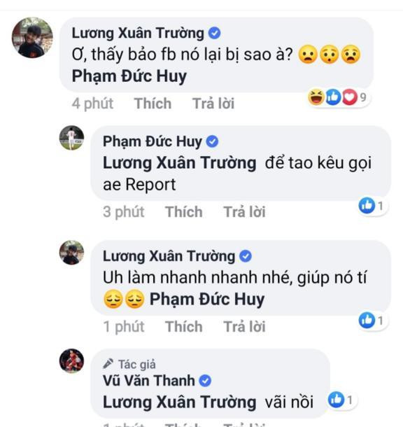 Trong khi Vũ Văn Thanh đang cật lực kêu gọi người hâm mộ ủng hộ trang fanpage chính chủ của anh chàng thì Lương Xuân Trường lại cho rằng người hâm mộ nên báo cáo trang này vì đây là trang giả mạo. Không dừng lại ở đó, cầu thủ quê Tuyên Quang tag luôn cả "thánh lầy" Đức Huy vào để hỗ trợ.