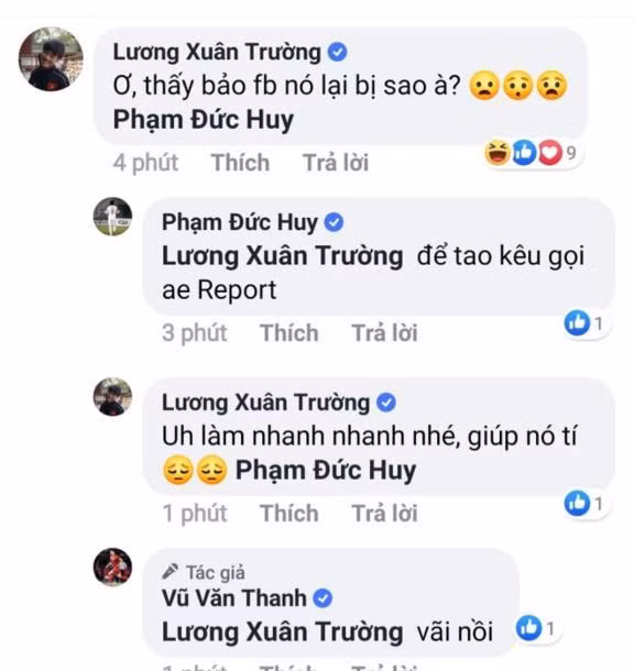 Trong khi Vũ Văn Thanh đang cật lực kêu gọi người hâm mộ ủng hộ trang fanpage chính chủ của anh chàng thì Lương Xuân Trường lại cho rằng người hâm mộ nên báo cáo trang này vì đây là trang giả mạo. Không dừng lại ở đó, cầu thủ quê Tuyên Quang tag luôn cả "thánh lầy" Đức Huy vào để hỗ trợ.
