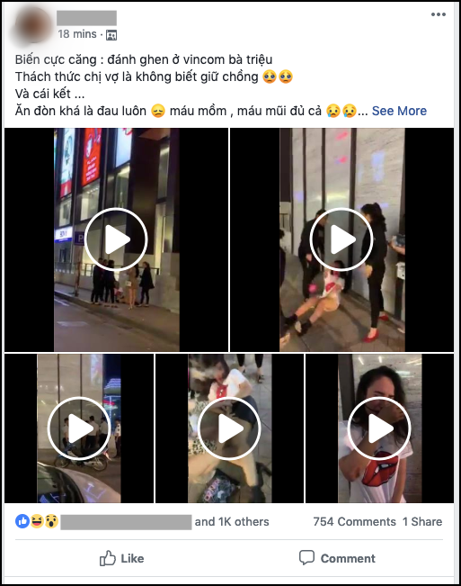 Vụ việc đánh ghen tại Vincom Bà Triệu từng thu hút sự quan tâm đặc biệt của cộng đồng mạng. Clip ghi lại hình ảnh cô vợ và bạn bè đấm, đá liên tục vào người và mặt "tuesday" khiến ai xem cũng phải rùng mình.
