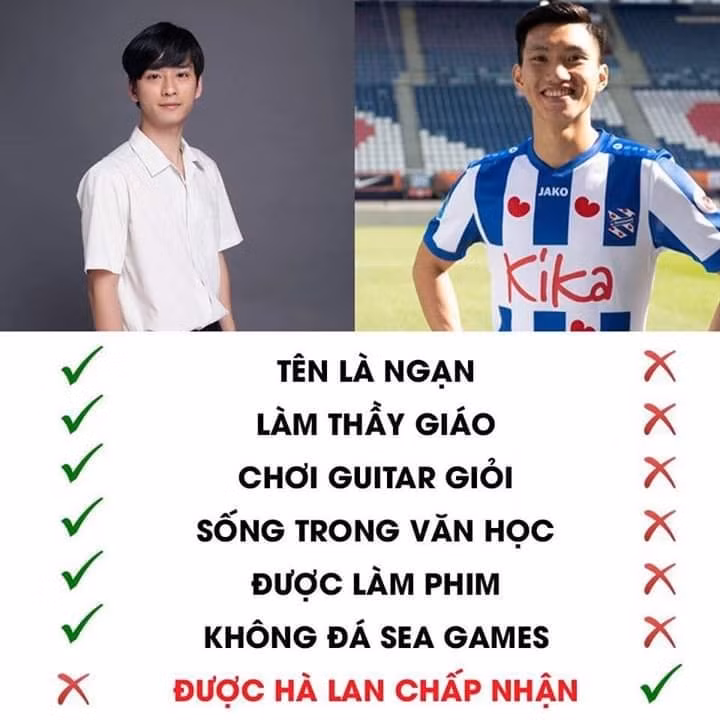 Trước đó, một tấm ảnh chế về sự khác nhau giữa Ngạn và cầu thủ Văn Hậu được chia sẻ rộng rãi trên mạng xã hội khiến nhiều người thích thú. Dù không biết chơi guitar, không được đóng phim, không làm thầy giáo nhưng Văn Hậu vẫn được Hà Lan "chốt" còn Ngạn thì không.