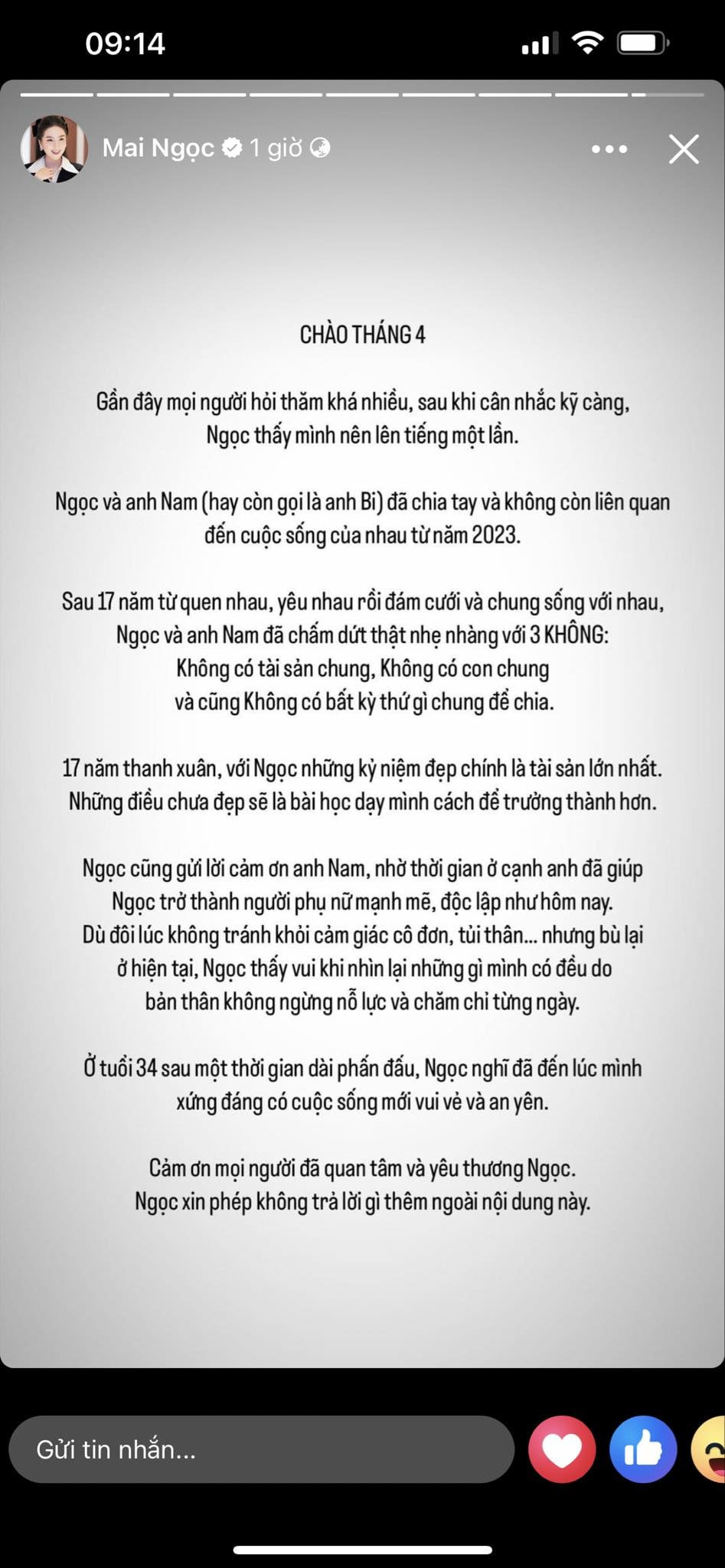 Thế nhưng, vào buổi sáng đầu tháng 4, nữ Mc bất ngờ lên thông báo "đã chia tay và không còn liên quan đến cuộc sống" với người chồng 17 năm gắn bó.
