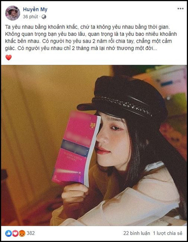 Ở thời điểm được cho là đang hẹn hò với Quang Hải, Huyền My từng đăng tải trạng thái "cà khịa" Nhật Lê cực mạnh. Hot girl sinh năm 1997 cho rằng thời gian trong tình yêu là không quan trọng: "Có người yêu nhau 2 năm rồi chia tay chẳng một cảm giác, có người yêu nhau hai tháng mà nhớ thương một đời".