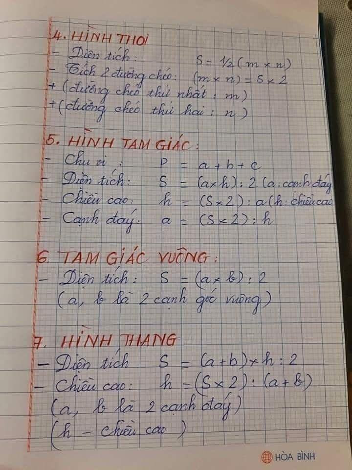 Các công thức liên quan đến hình thoi, hình tam giác, hình vuông và hình thang.