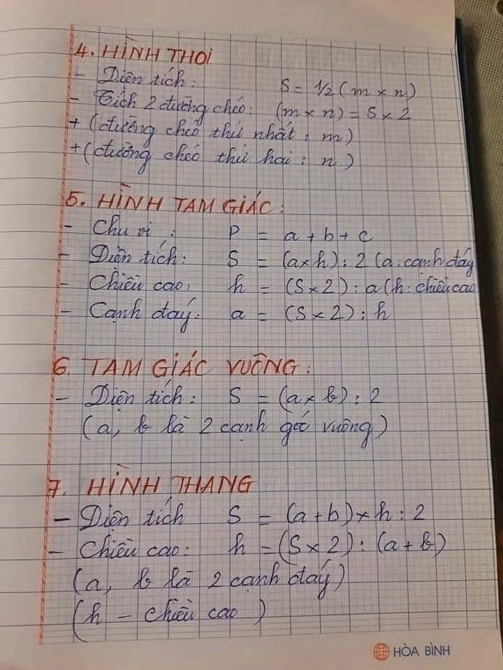 Các công thức liên quan đến hình thoi, hình tam giác, hình vuông và hình thang.