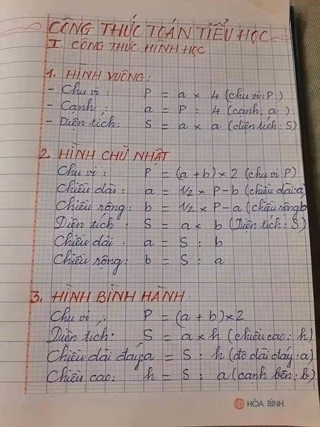 Một phụ huynh đã dành thời gian thống kê lại hết tất cả những công thức toán tiểu học.