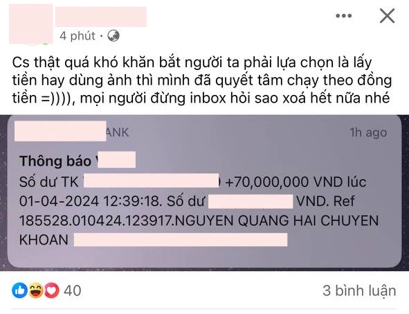 Trước đó trên nền tảng Facebook, phía studio bất ngờ xóa hết ảnh của Quang Hải - Thanh Huyền và đăng dòng trạng thái "gỡ ảnh trả tiền", kèm ảnh chụp màn hình 70 triệu nhận từ Quang Hải.