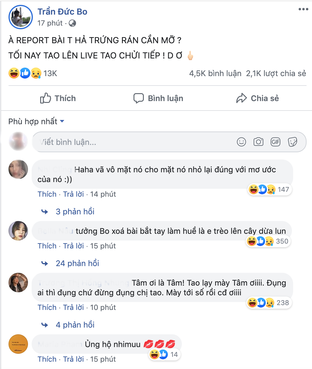 Mặc kệ những lời giải thích của Thanh Tâm, Trần Đức Bo cho biết bài viết của anh đã bị ai đó báo cáo nên buộc phải xóa, chính bởi vậy anh chàng sẽ tiếp tục livestream để nói về việc này.