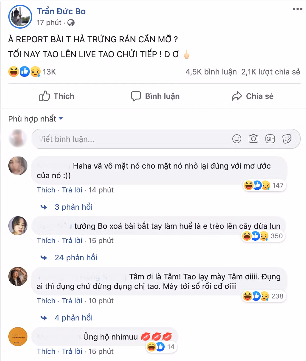 Mặc kệ những lời giải thích của Thanh Tâm, Trần Đức Bo cho biết bài viết của anh đã bị ai đó báo cáo nên buộc phải xóa, chính bởi vậy anh chàng sẽ tiếp tục livestream để nói về việc này.