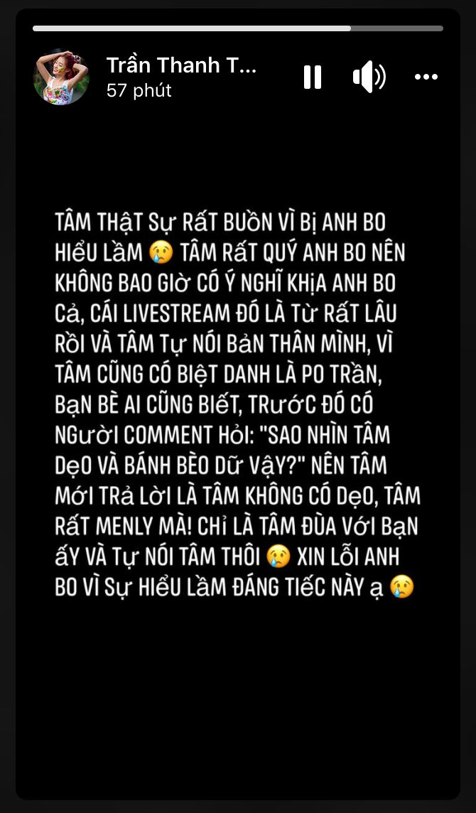 Ngay lập tức, Thanh Tâm đã đăng đàn giải thích rằng bản thân không có ý cà khịa ai, mọi việc chỉ là hiểu lầm đáng tiếc. Bản thân cô nàng rất yêu mến Đức Bo.