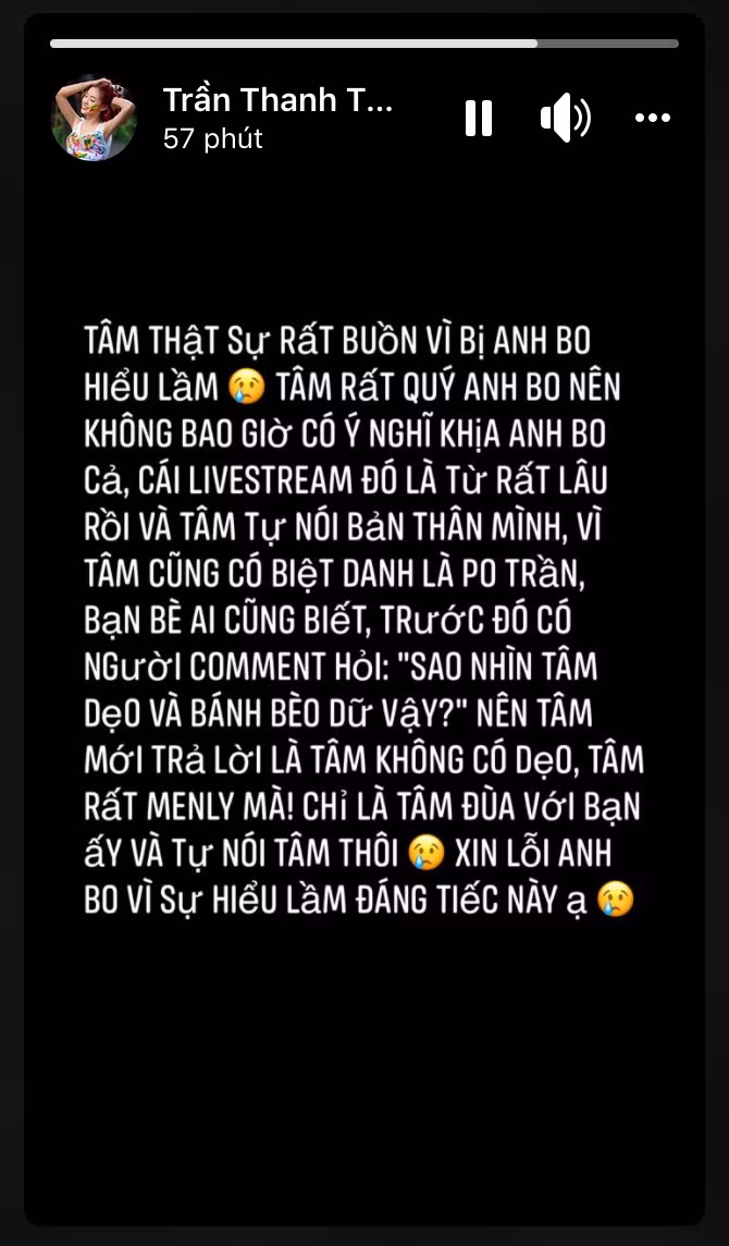 Ngay lập tức, Thanh Tâm đã đăng đàn giải thích rằng bản thân không có ý cà khịa ai, mọi việc chỉ là hiểu lầm đáng tiếc. Bản thân cô nàng rất yêu mến Đức Bo.