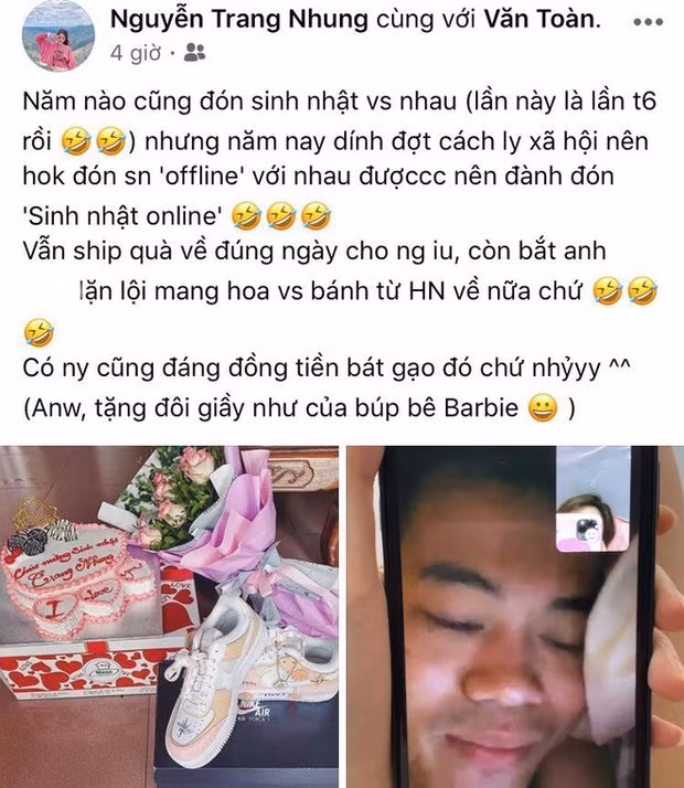 Mới đây, do sinh nhật đúng vào thời gian cách ly toàn xã hội nên Trang Nhung và Văn Toàn chỉ có thể đón ngày đặc biệt từ xa. Cầu thủ gửi tặng quà, hoa và bánh đến tận nhà.