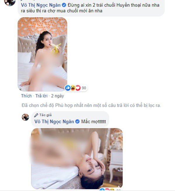 Trước đó, trên trang cá nhân của mình, cô gái quê Bình Định này cũng từng đăng tải một bộ ảnh mặc bikini màu da, mặc như không mặc, cầm trái chuối tạo dáng quằn quại trên giường vô cùng phản cảm. Bộ ảnh này ngay lập tức bị cộng đồng mạng "ném đá" dữ dội nhưng có vẻ điều đó càng khiến Ngân 98 thích thú.