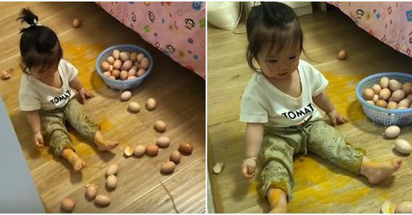 Đừng tưởng sinh con gái là nhàn nhã, sung sướng hơn, có nhiều cô bé nghịch ngợm chả kém ai đâu. Quay đi quay lại đã hỏng luôn rổ trứng gà.