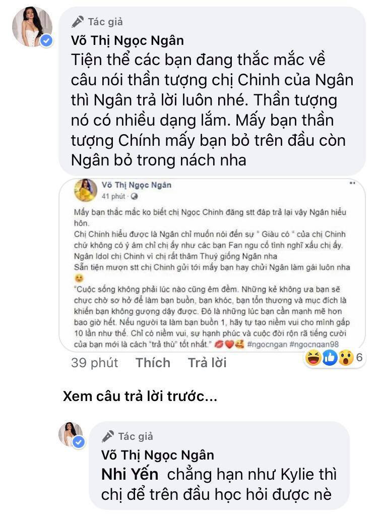 Không dừng lại ở đó, hot girl Bình Định còn viết thêm dưới phần bình luận: "Tiện thể các bạn đang thắc mắc về câu nói thần tượng chị Chinh của Ngân thì Ngân trả lời luôn nhé. Thần tượng nó có nhiều dạng lắm. Mấy bạn thần tượng Chinh mấy bạn bỏ trên đầu còn Ngân bỏ trong nách nha".