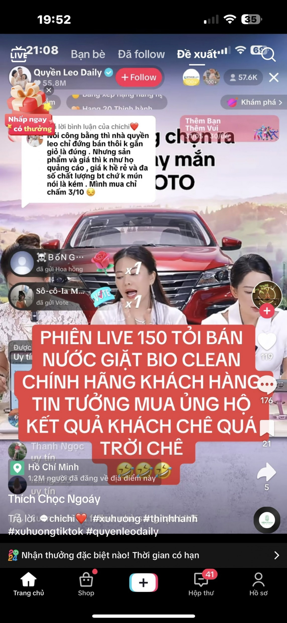 Trước đó, cặp vợ chồng Quyền Leo giới thiệu một dòng nước giặt xả thế hệ mới với deal giá siêu hời. Theo như những lời quảng cáo "có cánh" tại phiên live thì sản phẩm này "sử dụng công nghệ giặt xả châu Âu, lưu hương 120 tiếng đồng hồ, công nghệ nano kháng khuẩn bạc, mùi thơm.. Tuy nhiên với đánh giá của một tài khoản đã mua sản phẩm thì chất lượng nước giặt này rất bình thường và không hề thần thánh như quảng cáo, phần bình luận cũng rất nhiều người đồng tình với tài khoản này.