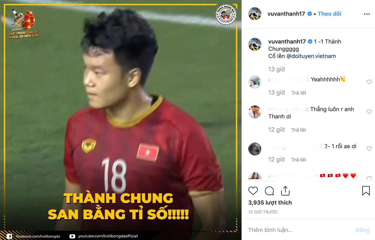 Trên trang Instagram cá nhân, Văn Thanh liên tục cập nhật tỷ số. Anh gửi lời chúc mừng tới các cầu thủ của U22.